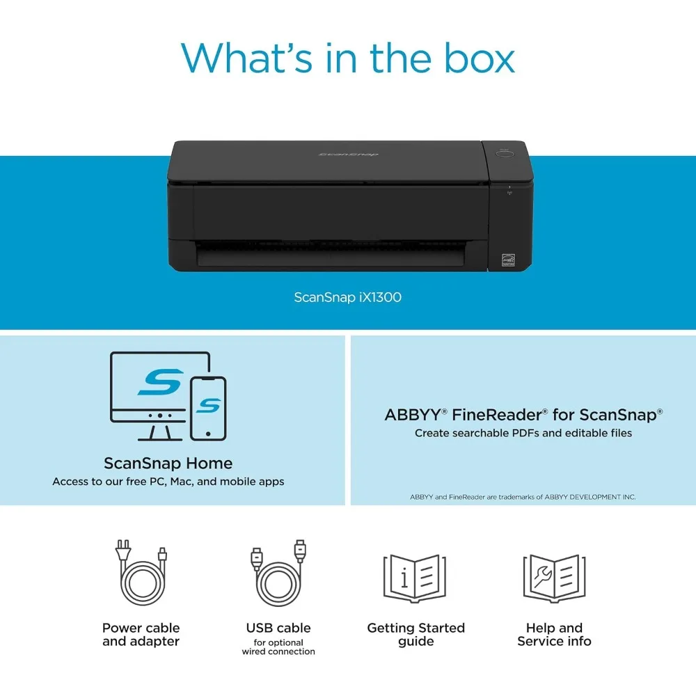 iX1300 الماسح الضوئي اللاسلكي أو USB على الوجهين للمستندات الملونة والصور والإيصالات مع وحدة تغذية المستندات التلقائية