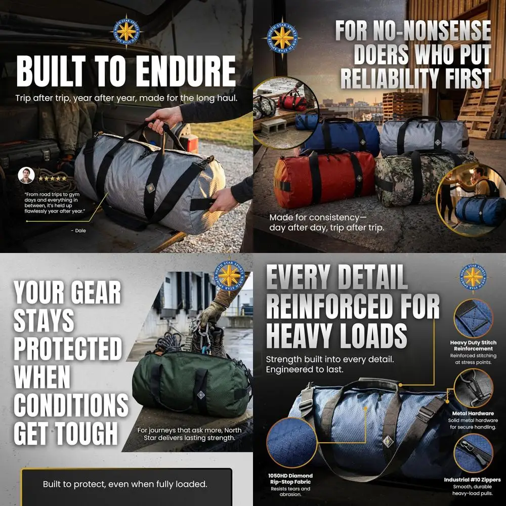 

Большая сумка-дафл из рипстопа, прочная и устойчивая к разрывам, с усиленными швами, всепогодная, компактная для путешествий (14 x 30, 75 л, серая)