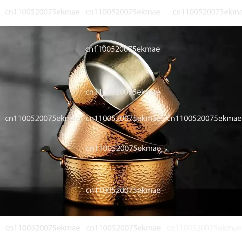 Gold-coloured 304 Stainless Steel Hammered Finish Soup Pot, Thick-walled, for Domestic Use