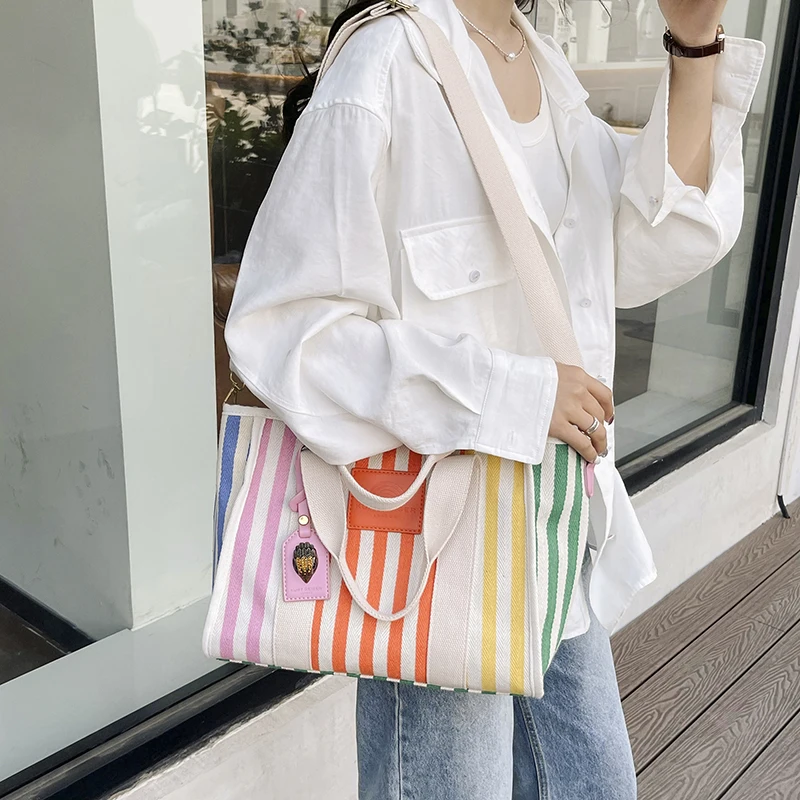 KURT GEIGER LONDON, bolsos de mano de lona, bolso de hombro a rayas coloridas de gran capacidad a la moda, bolso cruzado de ocio para vacaciones para mujer