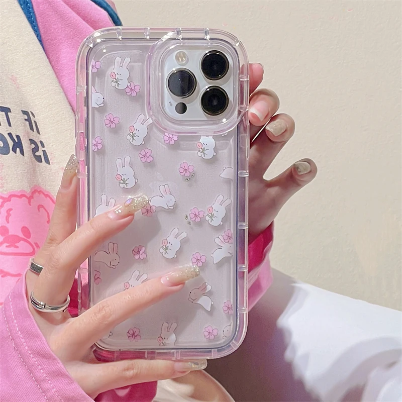 Cartoon Rabbit Phone Case For iPhone 15 Pro Max Case iPhone 16 14 13 11 12 Pro X XR XS Max 7 8 Plus Cute Bunny Air Cushion Cover