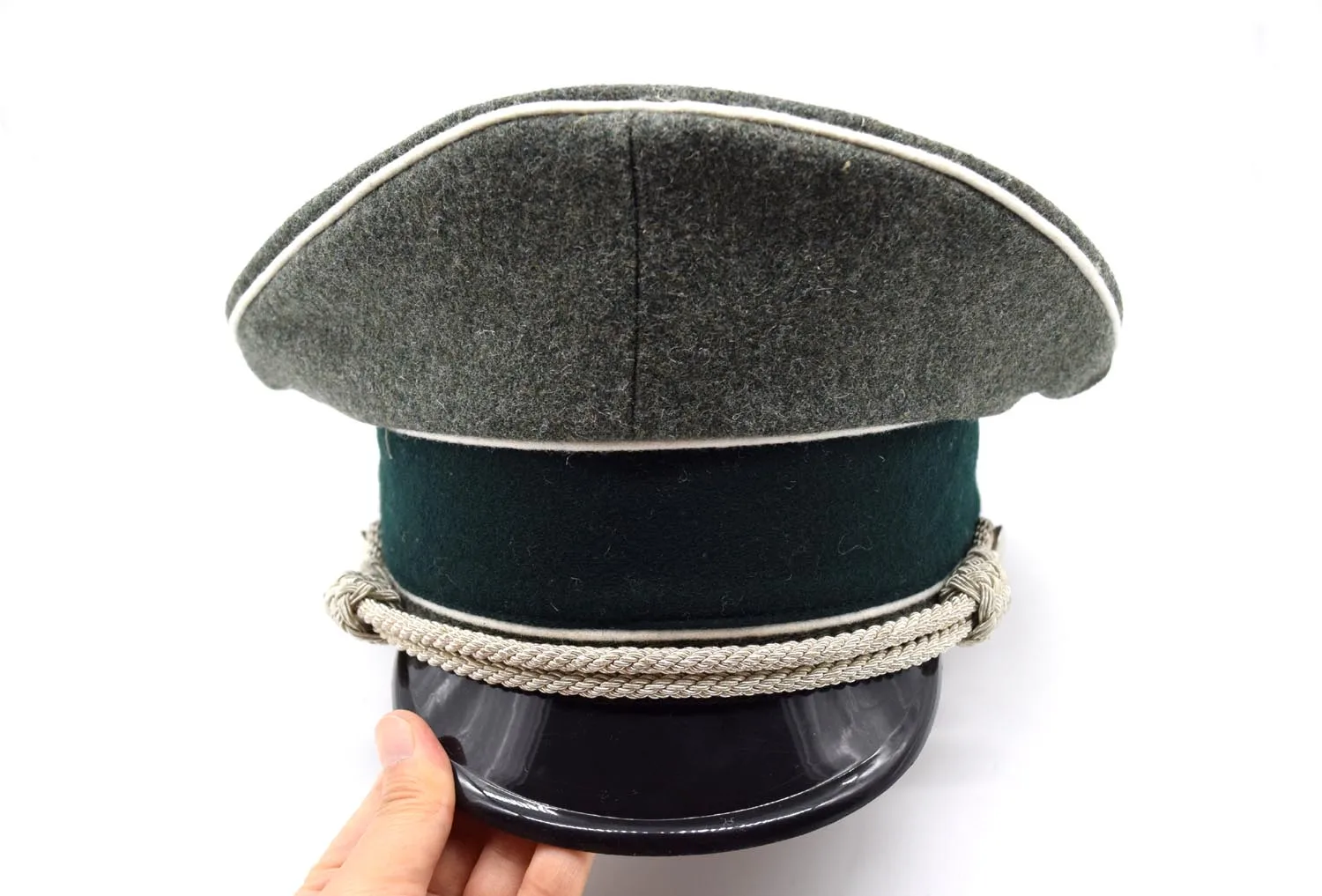 

Cosplay German Elite Officer Wool Hat Cap Sweat Ring Made Leather Green Hat Wall W Silver Chin Cord Reenactment