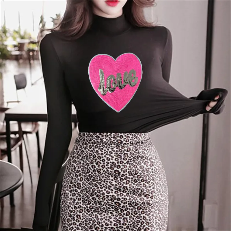 Clothing Women Shirt Top Diy Love Heart Patch Letter Sequins deal with it T-shirt girls Iron on Patches for clothes Stickers