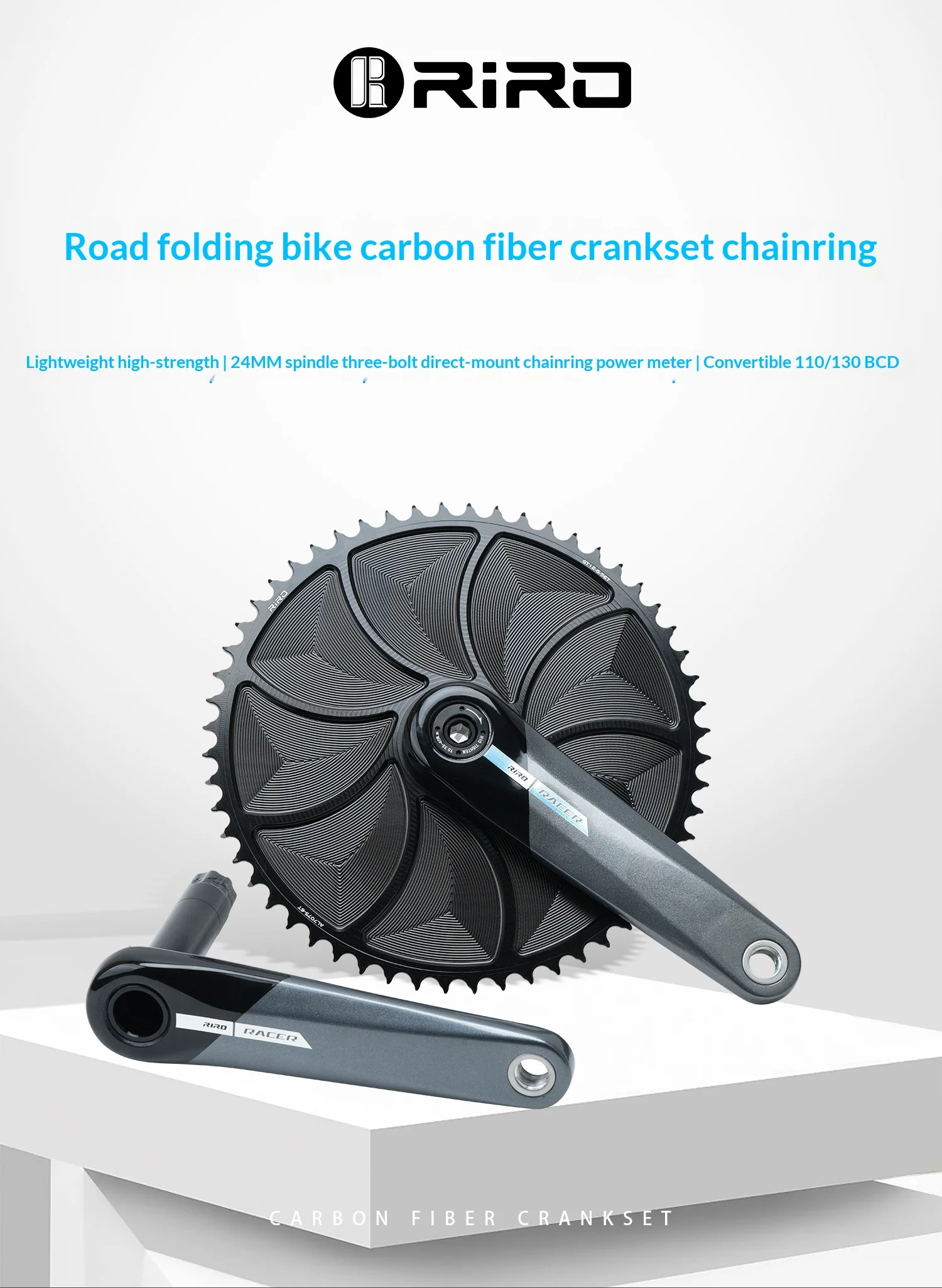 RIRO KSB Carbonfaser-Kurbelgarnitur für Rennrad/Klapprad, 24mm Spindel, 3-Bolzen-Direktmontage, kompatibel mit Leistungsmessern. – Detail 1