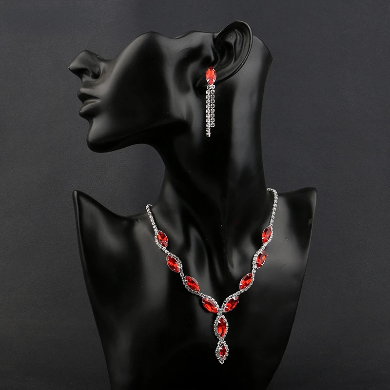 Fashion Blue Red Green Crystal Prom Wedding Jewelry Set Women Accessories Flower Tassel Necklace Earrings Bridal Jewelry Set