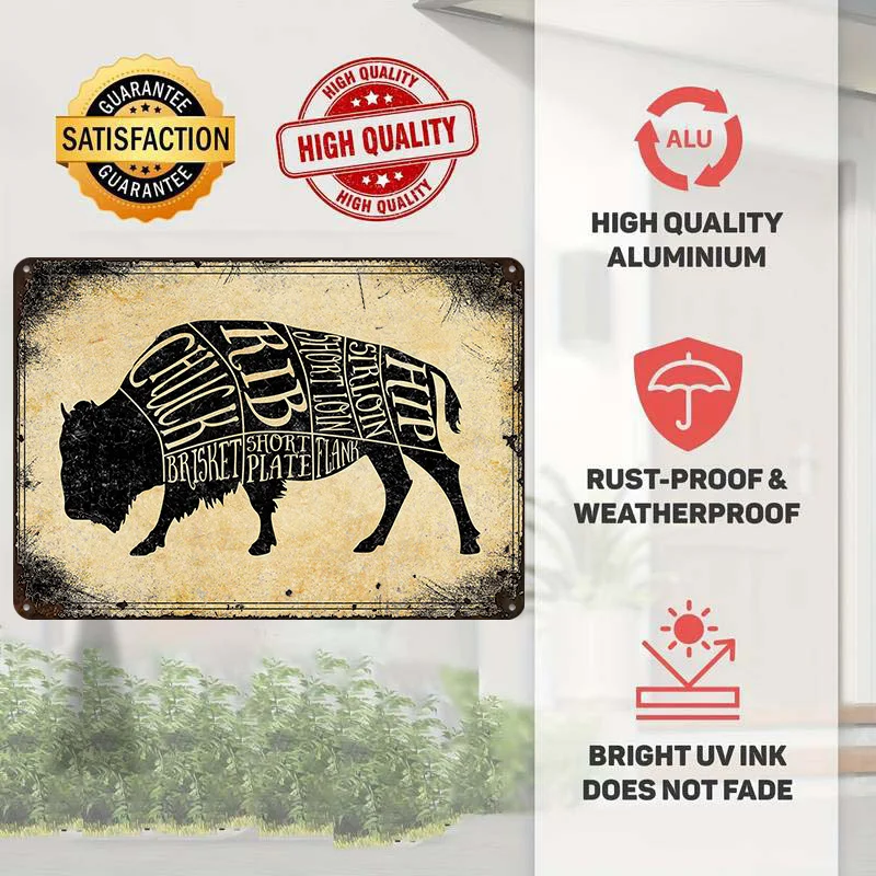 Buffalo Butcher Cuts Tin Poster Customized Wall Art Retro Vintage Metal Signs for Fans Room Gaming Decoration Garage Wand Deko