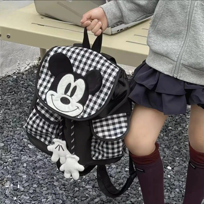 Mickey Mouse Plaid Backpack 3D Head Decor Cute Versatile Girlish Casual Outdoor Backpack for Daily Travel & School Use
