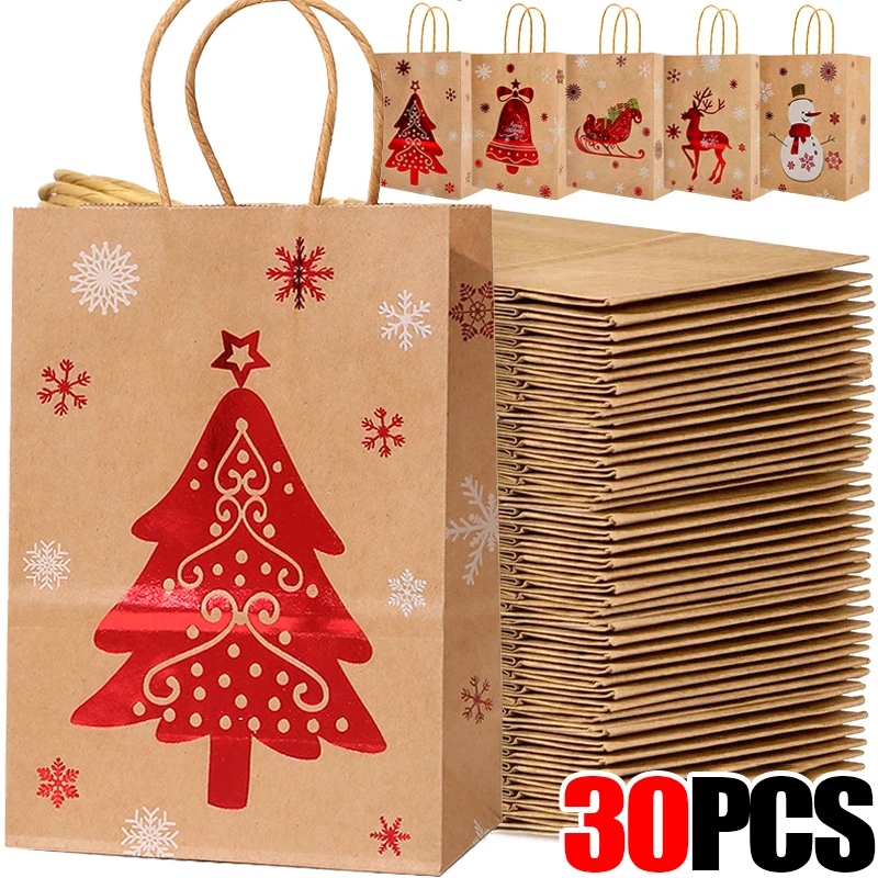 1-30PCS Christmas Kraft Gift Bags with Handle Party Candy Cookie Packaging Treat Pouch Santa Claus Snowman Decorations Wholesale