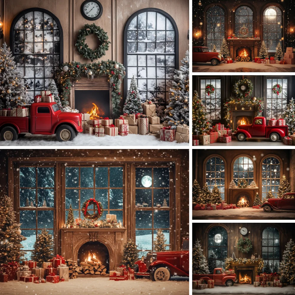 

Photography Backdrops Red Christmas Truck Window Decoration Family Holiday Party Portrait Backgrounds For Photographs