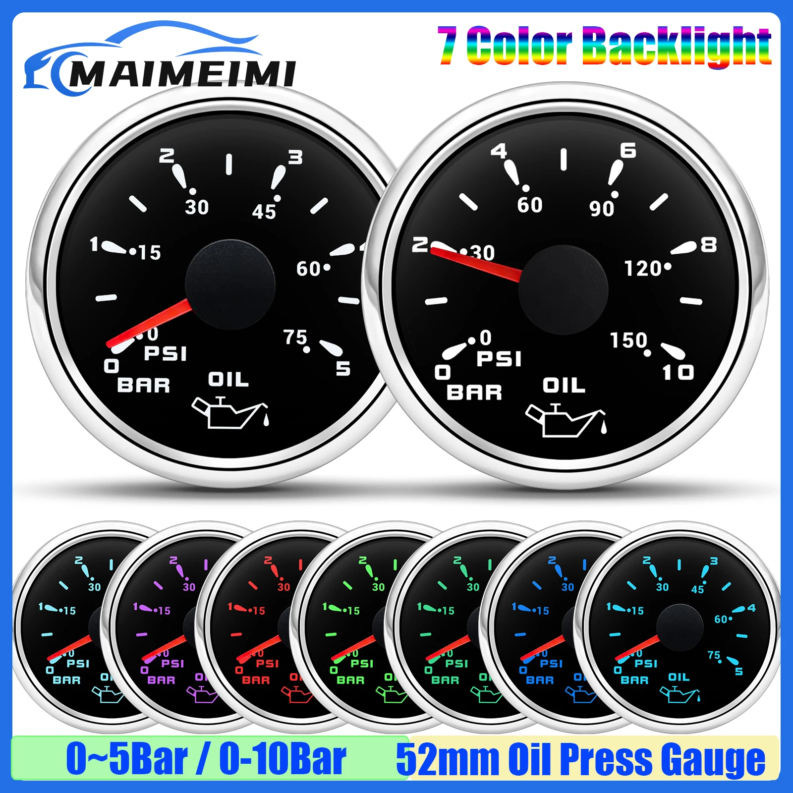 Waterproof 52mm Oil Pressure Gauge 5Bar 10Bar Oil Press Meter Indicator 7 Color Light for Auto Car Marine Boat Yacht 12V 24V