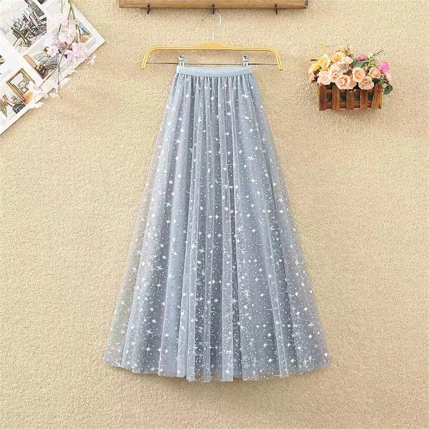 Gowyimmes 2026 Spring Autumn Women Starry Lace Skirts Slim Lady Midi Long High Waist Pleated Skirt Girl A-line Bottomings PD1862