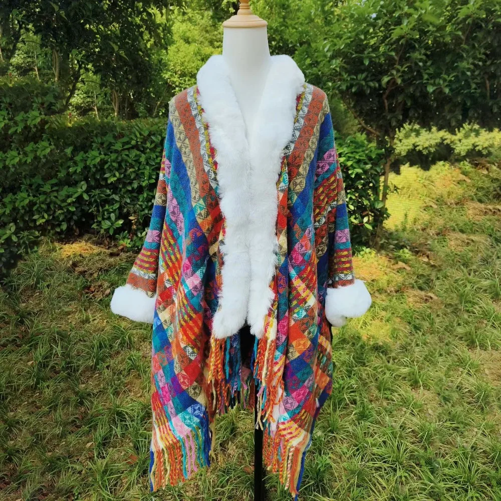 

Зимняя теплая шаль с воротником из искусственного меха, полосатая имитация кашемира, монгольское пончо, вязаная накидка в этническом стиле на осень-зиму