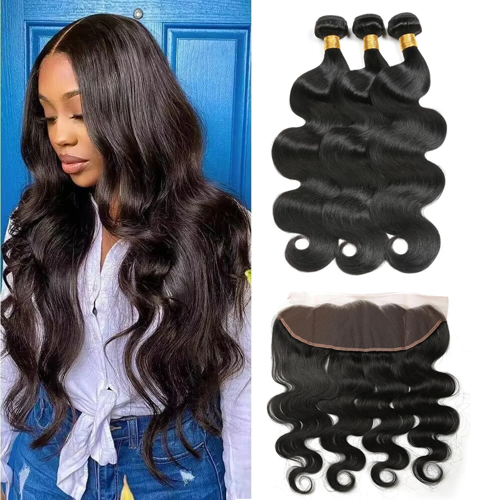 12A Body Wave Bundles With Frontal 13x4 Transparent Lace Frontal With 3 Bundles Brazilian Remy Human Hair Bundles With Closure