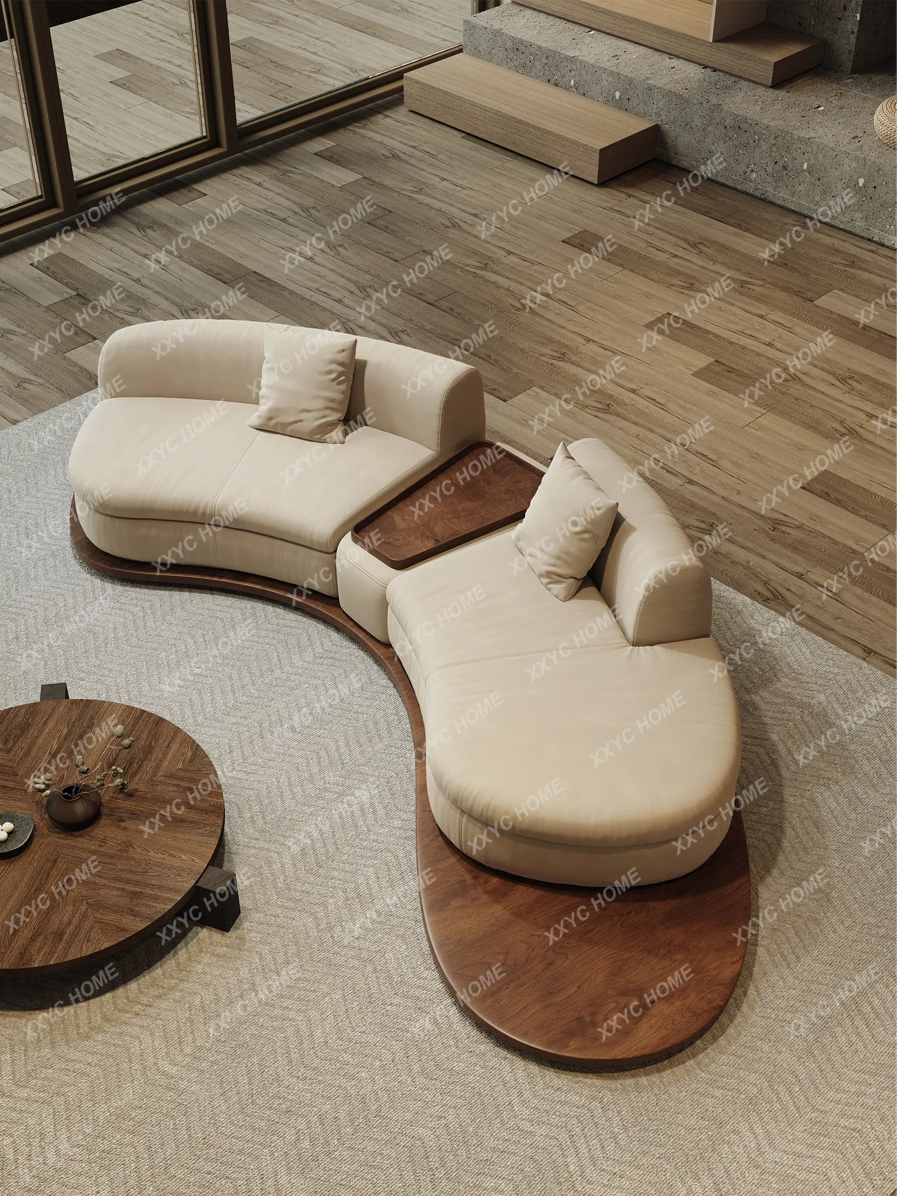 Curved Irregular Sofa Solid Wood Living Room Homestay Vintage Wabi-Sabi Style Hotel Lobby Rest Area Reception