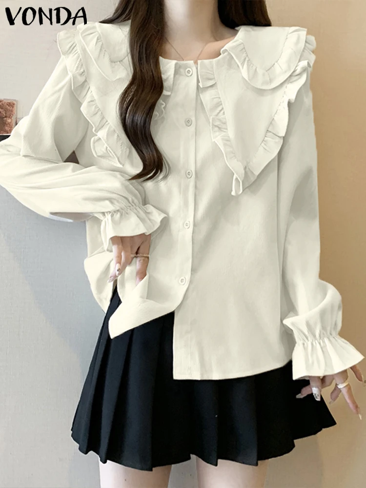 

VONDA Women Solid Color Shirts 2025 Casual Long Lantern Sleeve Tops Blouse Summer Blusas Oversized Peter-pan Collar Tunic Baggy