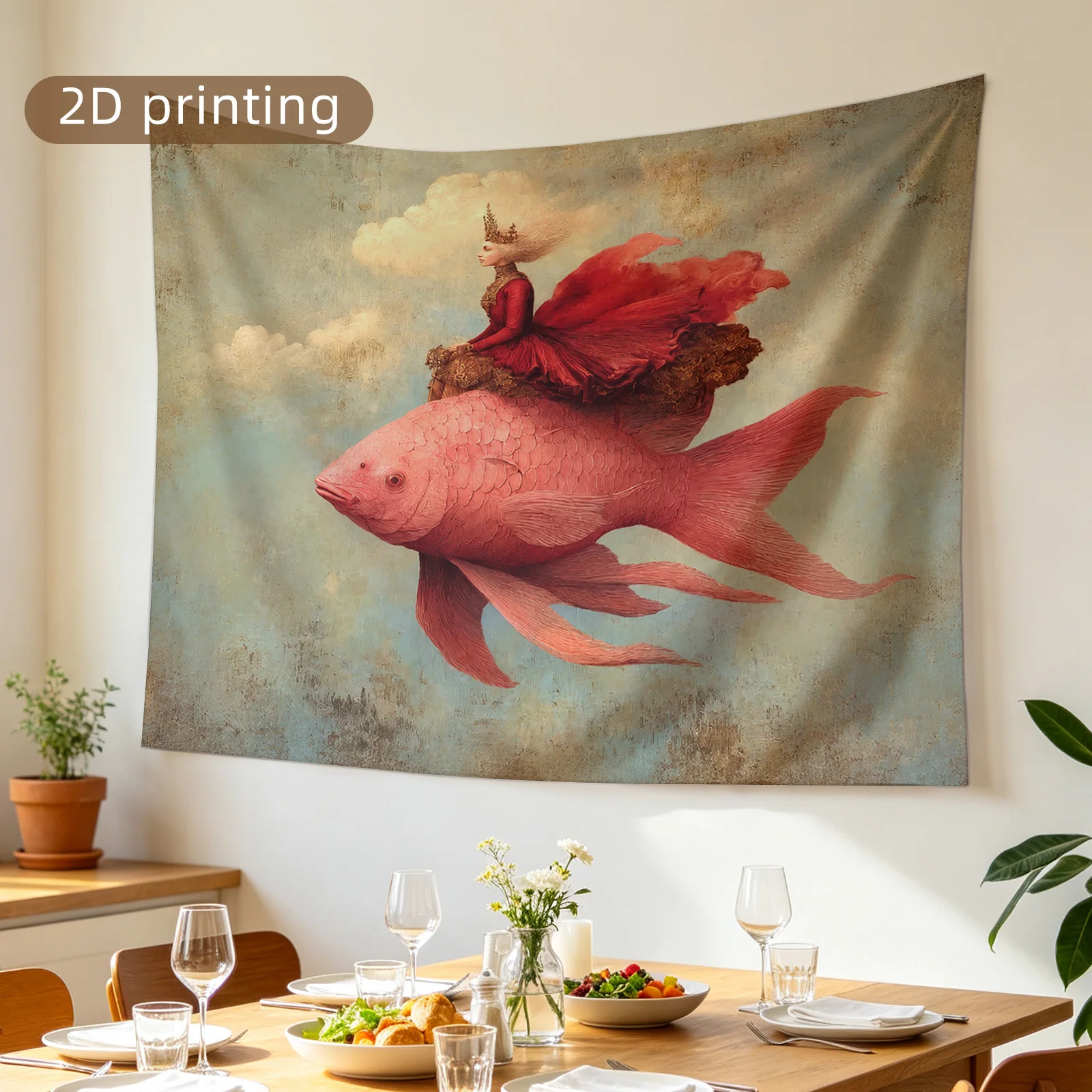 Fantasy Tapestry Wall Hanging Watercolor Fish Mermaid Underwater Scene Tropical Ocean Art Decor Print Living Room Wall Decor Hom