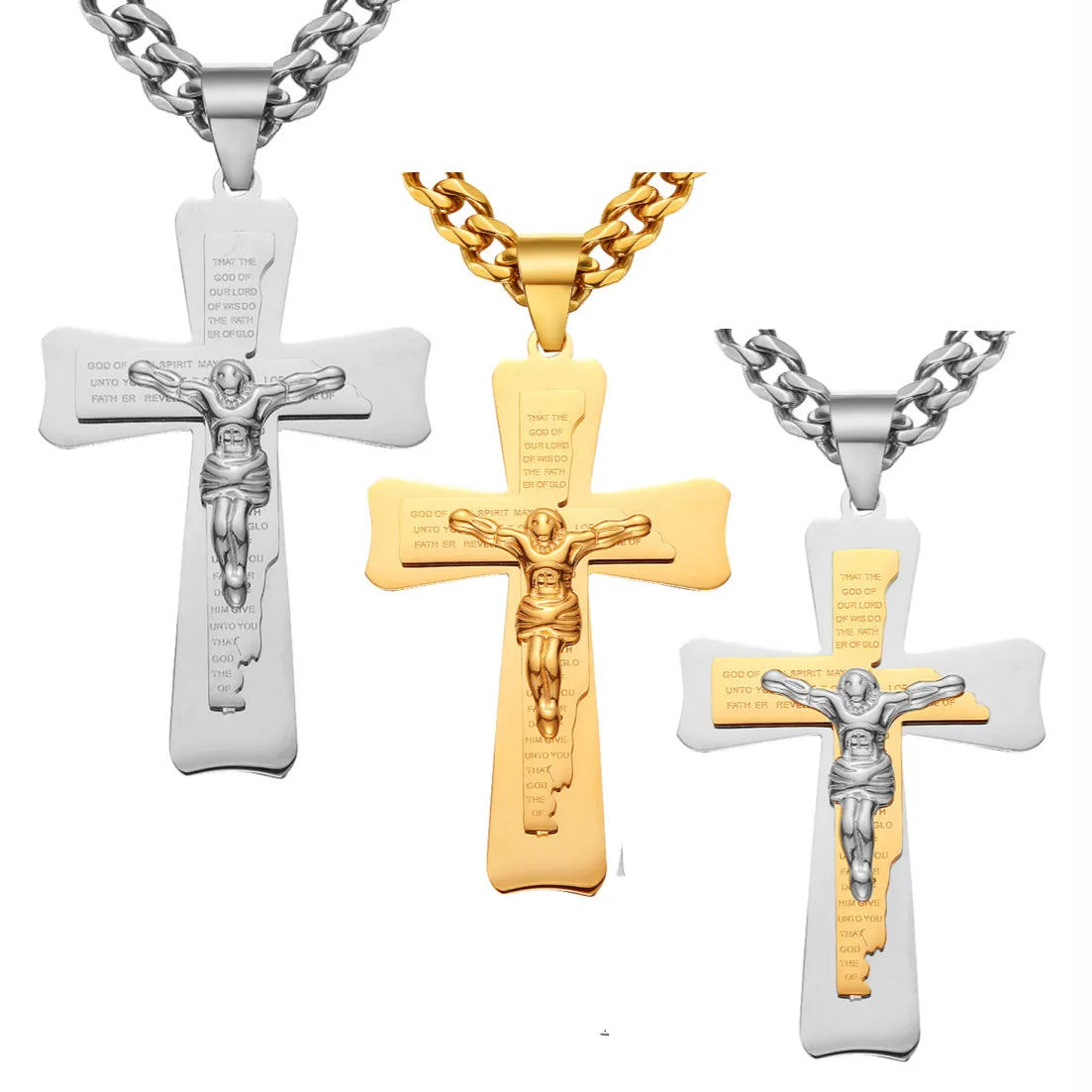 

Women Men's Silver Tone/Gold Tone Stainless Steel Jesus Crucifix Cross Pendant Necklace Cuban Link Chain 6mm Wide 18inch-36inch