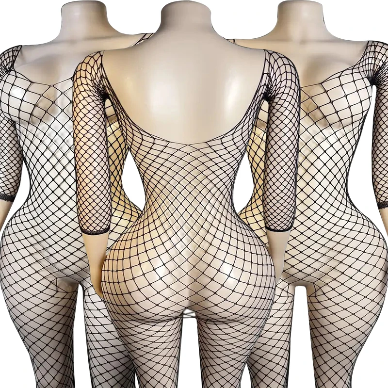 Fishnet Hollow Bra Sets Erotic Crotchless Lingerie Women Mesh Short Sleeve Teddy Bodystockings Sexy Off Shoulder Underwear Set