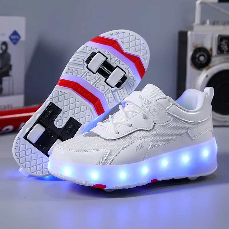 Youth New Roller Shoes Retractable High Quality With 4 Wheels Parkour Children Walking Pulleys LED Lights Flashing Skate Shoes