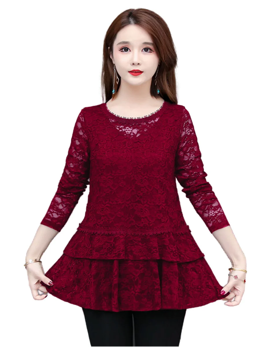 

5XL Women Spring Autumn Spring Shirts Lady Fashion Casual Long Sleeve O-Neck Collar Sexy Lace Embroidery Blusas Tops G2359