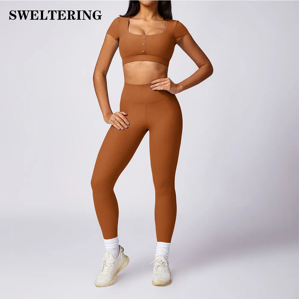 

2 PCS Yoga Set Gym Clothes Sportswear Yoga Suits For Women Ribbed Short Sleeved Fitness Set Tracksuits Sports Bra Gym Leggings