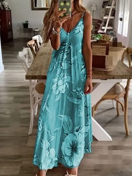 Summer Beach Dress Sexy Sleeveless Spagetti Strap Dress Print V Neck Boho A Line Dresses For Lady Vestido Mujer