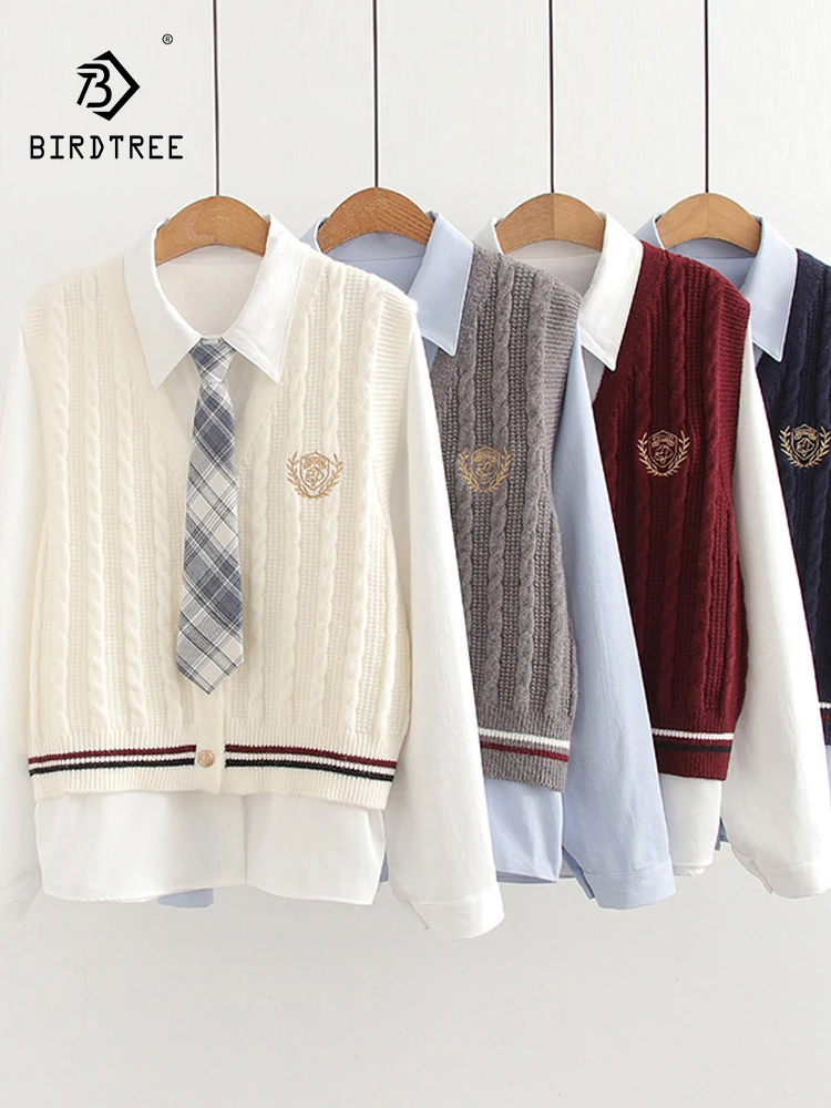 

New 2025 Winter Cotton Shirt Knit Vest Set, Women V Neck Embroidery, Mori Girl Sweet OL Preppy Style Loose Blouse Set S5N662CC