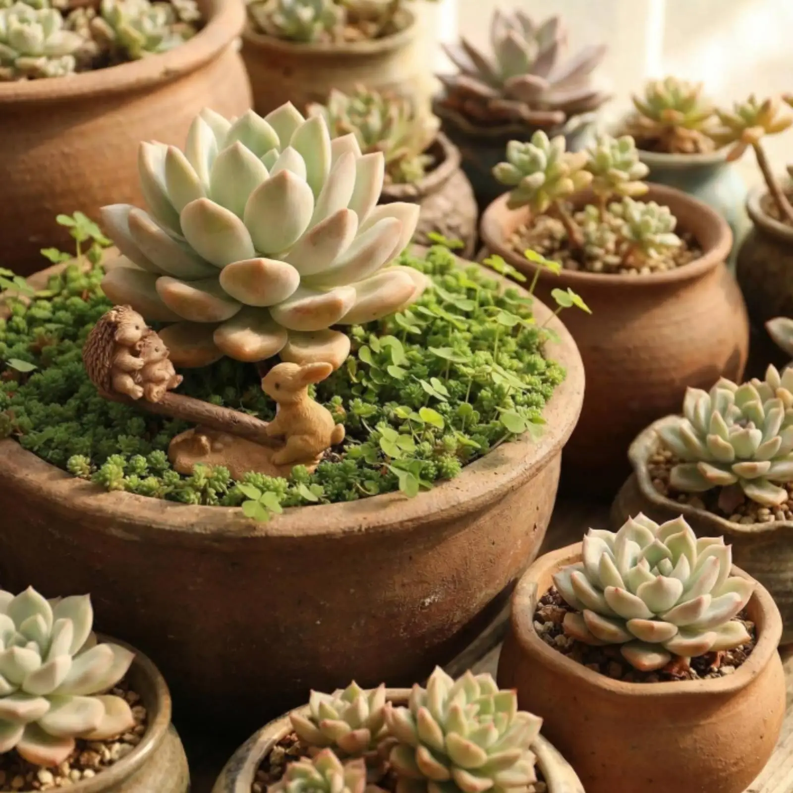 Resin Decorative Figurine Cute Rabbit Hedgehog Miniature Sculpture for Plant Pot Decor Fairy Garden Kit