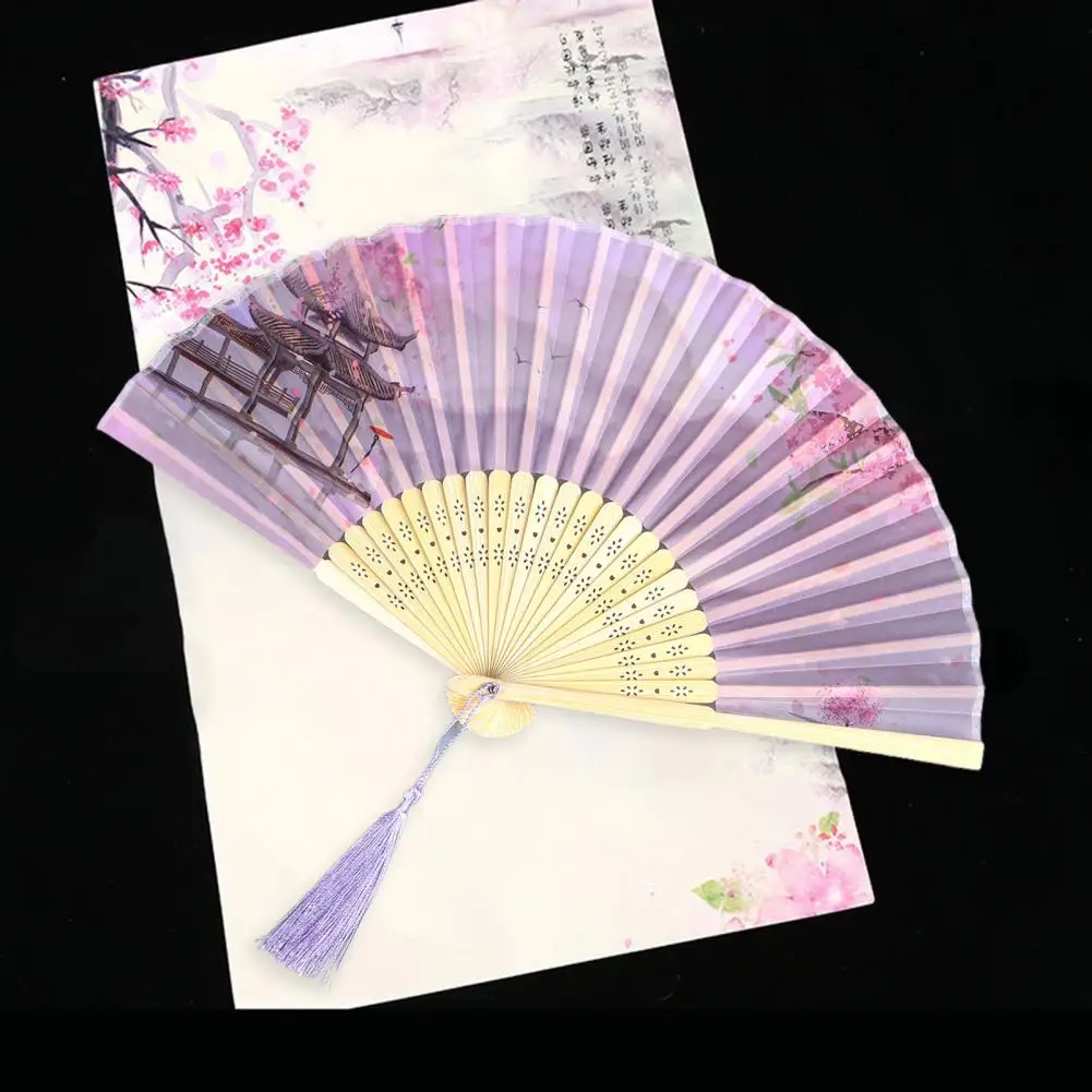 Fringed Dancing Fan Chinese Style Bamboo Folding Hand Fan with Imitation Silk Floral Print Tassel Pendant for Women for Women