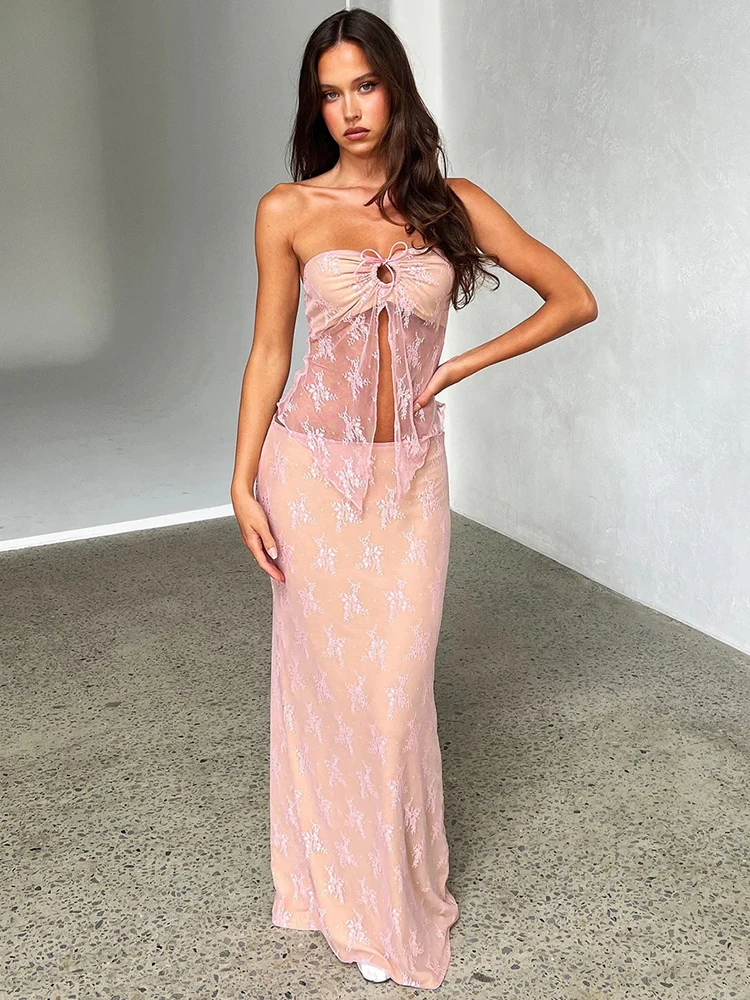 Mozision Pink Lace Rose Print Dress Set Women Lace-up Strapless Crop Top And Skirt Matching Sets Sheer Sexy Party Two Piece Set