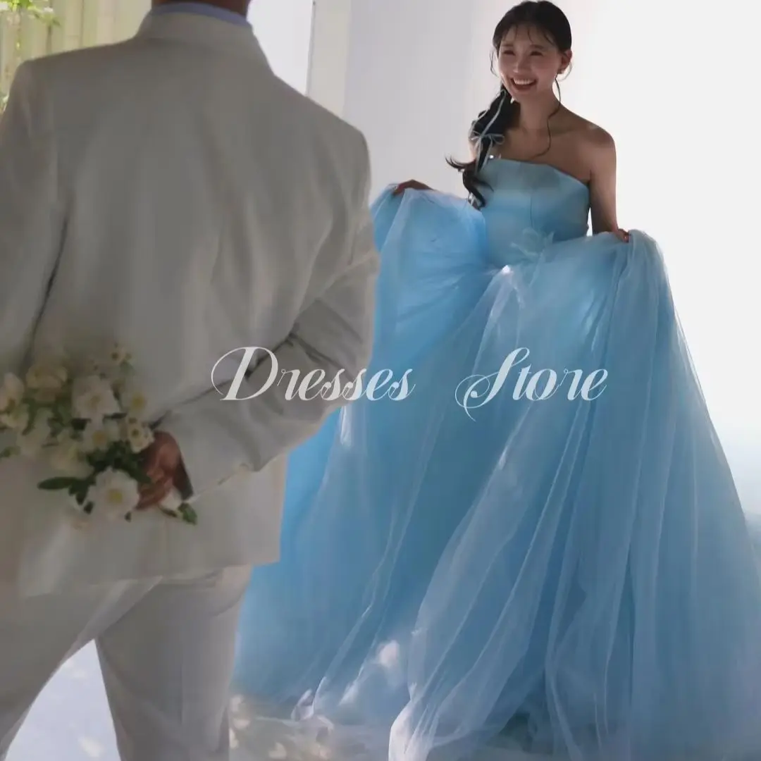 

Giyu Fairy Sky Blue A-line Wedding Dress Strapless Flower Pleat Korea Photoshoot 웨딩드레스 Floor-length Party Dress Customized