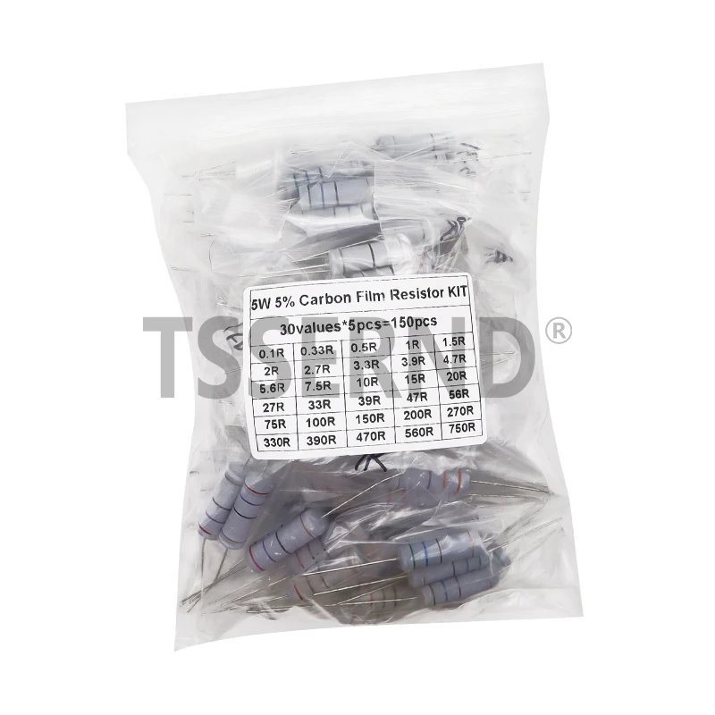 150PCS 300PCS 1W 2W 3W 5W Carbon Film Resistor Assortment Kit 5% Resistance Set 30Kinds 0.1-750 ohm 1K-820K DIY components