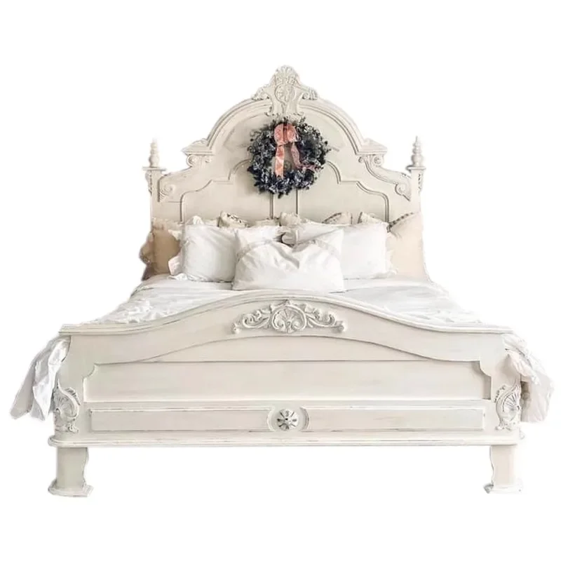 

French retro solid wood , American hand-carved palace antique bedroom wedding bed, high back bed