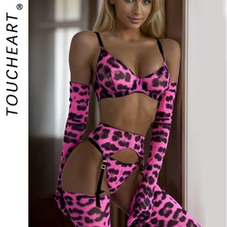 Toucheart Sexy Lingerie Sex Kit Pink Leopard Print Underwear Suit For Women Sexy Garters Stocking Combination Underwear Suit New