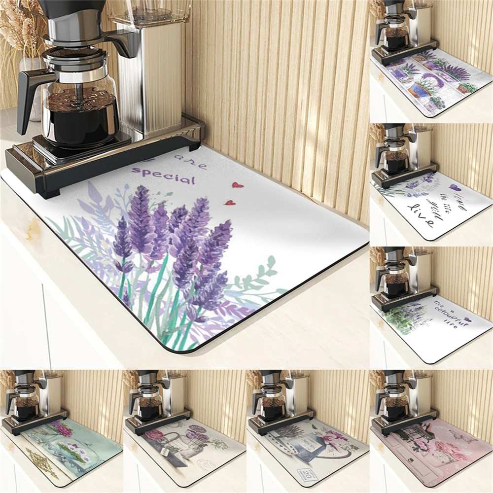 

Plant Style Mat For Kitchens Absorbent Drying Mat For Kitchen Home And Decoration Lavender Printing Decor And Accessories Mats