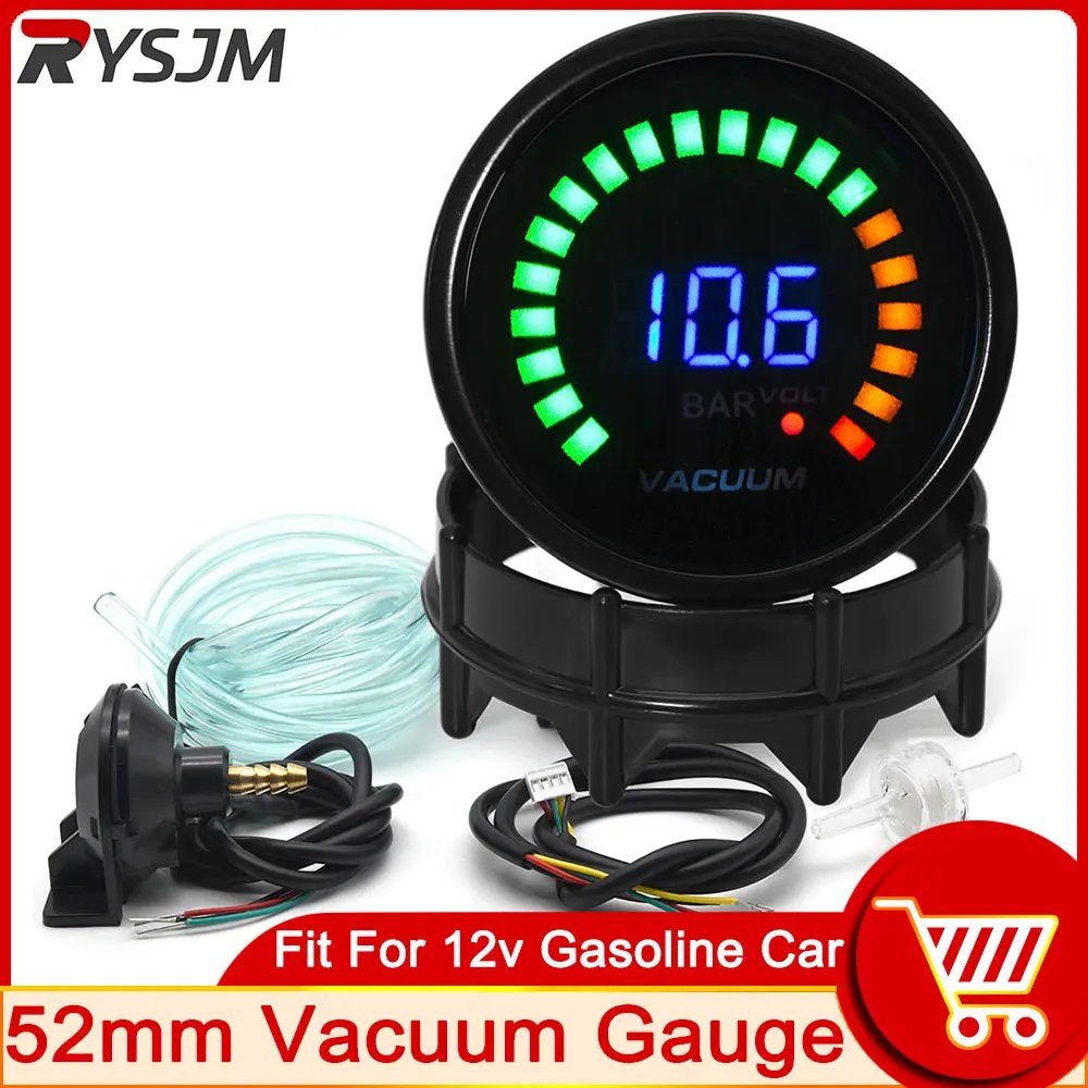 Medidor de vacío LED de 52mm, vacío Digital para coche, medidor de Bar-1 ~ 0, lente de tinte ahumado de carreras, medidor analógico para coche con instrucciones en inglés