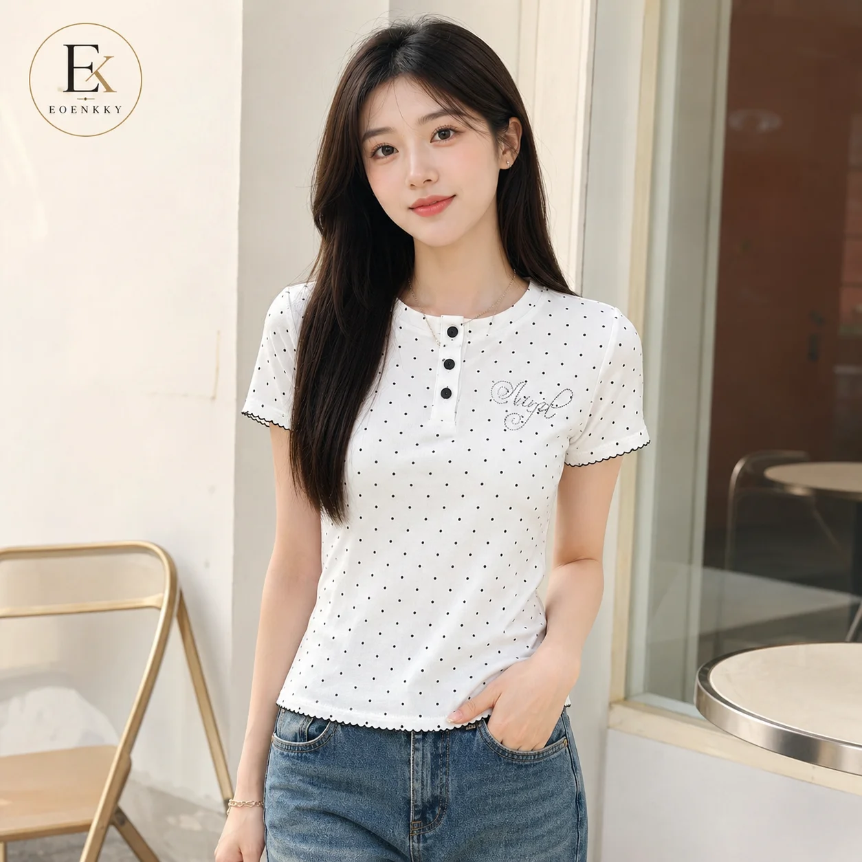 EOENKKY Women Polka Dot T Shirt Short Sleeve Henley Round Neck 3 Button Slim Fit Korean Casual Summer Top White Gray S-XL