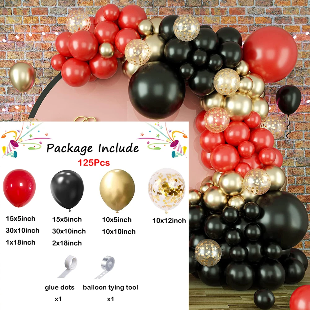 125Pcs Red Black Balloon Garland Arch Kit Metal Gold Confetti Latex Balloons Wedding Birthday Party Bridal Baby Shower Decor