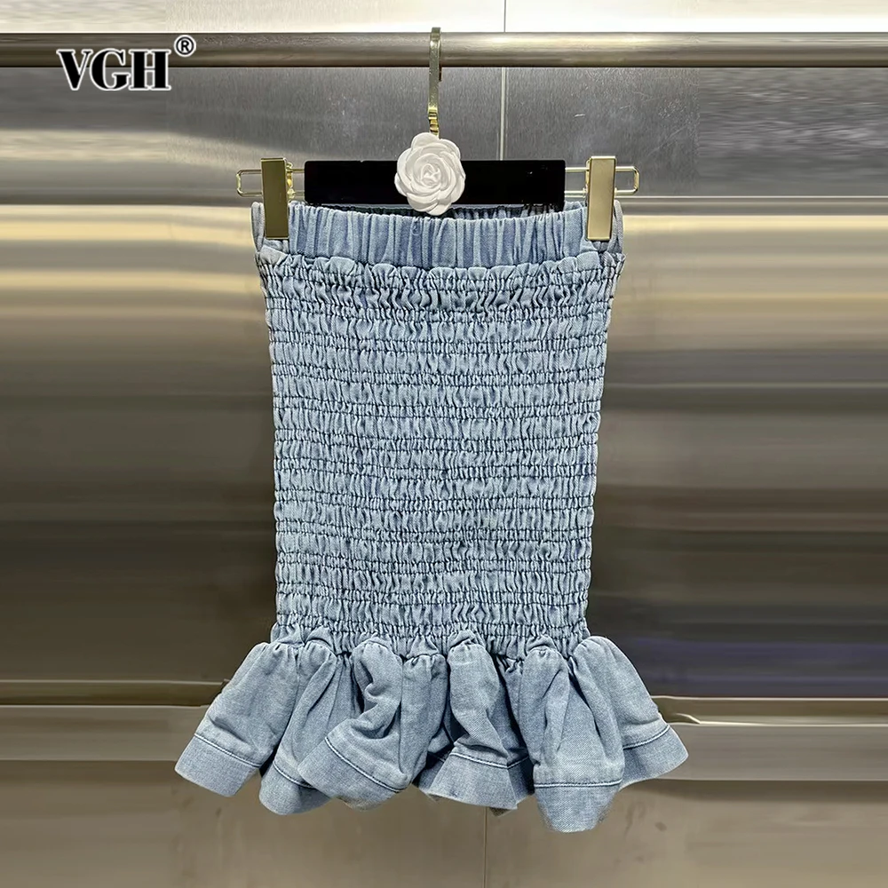 

VGH Patchwork Folds Solid Denim Dresses For Women Strapless Sleeveless High Waist Sexy Backless Slimming Mini Dress Female New