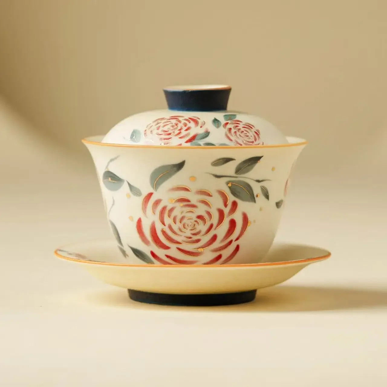 110ML Bronzing Rose Sancai Cover Bowl High-grade Ceramic Tea Bowl with Lid Teacup Tea Maker Gaiwan KungFu TeaSet Craft Ornaments