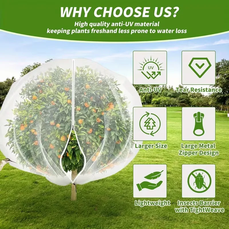 Drawstring & Zipper Fruit Tree Protection Netting Bird & Insect Proof Garden Cover for Plants, Flowers & Vegetables