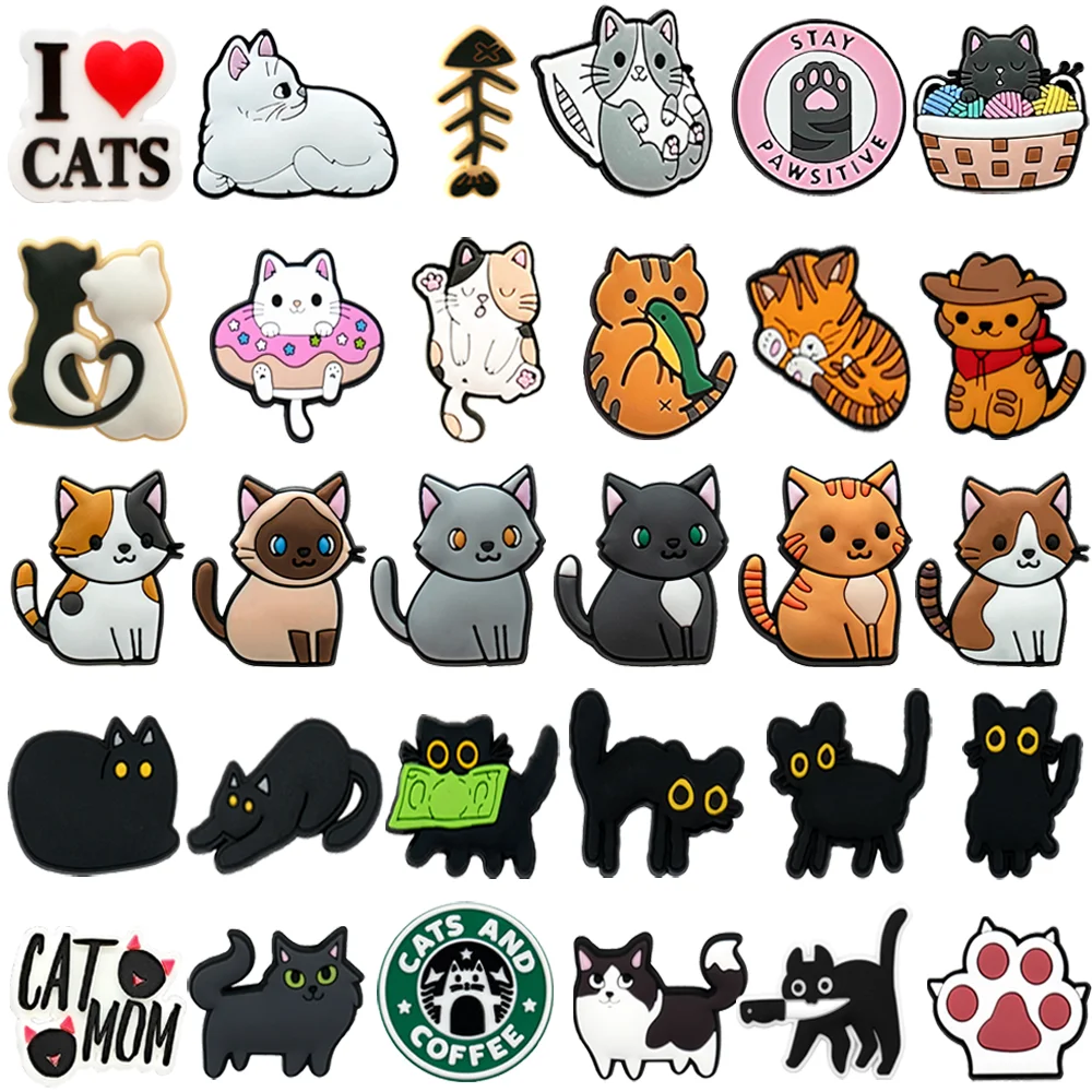 1/30PCS kawaii Cat Shoes Charms Accessories for Girls,Cute Black Cat Coffee Sandals Pin Buckle Decoration,Cat Claw Clog Buckle