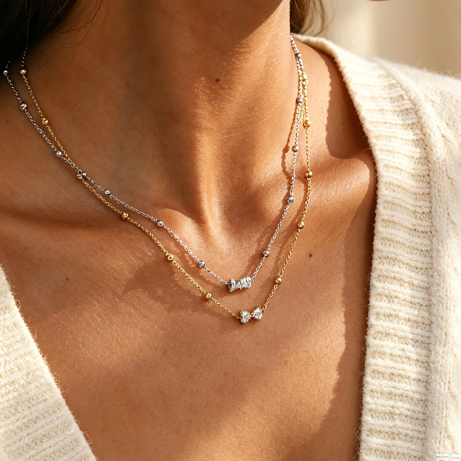 Stainless Steel 18K Gold Plated Round Bead Chain Necklace for Women Autumn New Long Tassel Y‑Shape Flower Bow Pendant Ins Trend