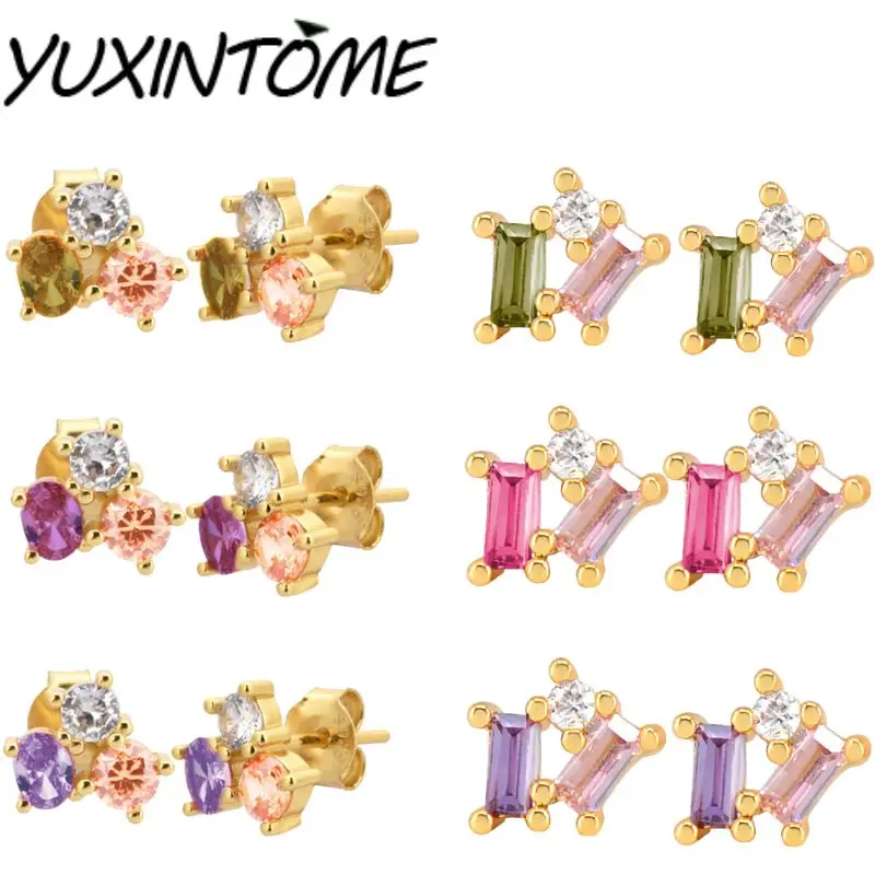 

925 Sterling Silver Needle Color Irregular Square Round Zircon Earrings Luxurious Fashion Women's Earrings Trendy Jewelry Gift