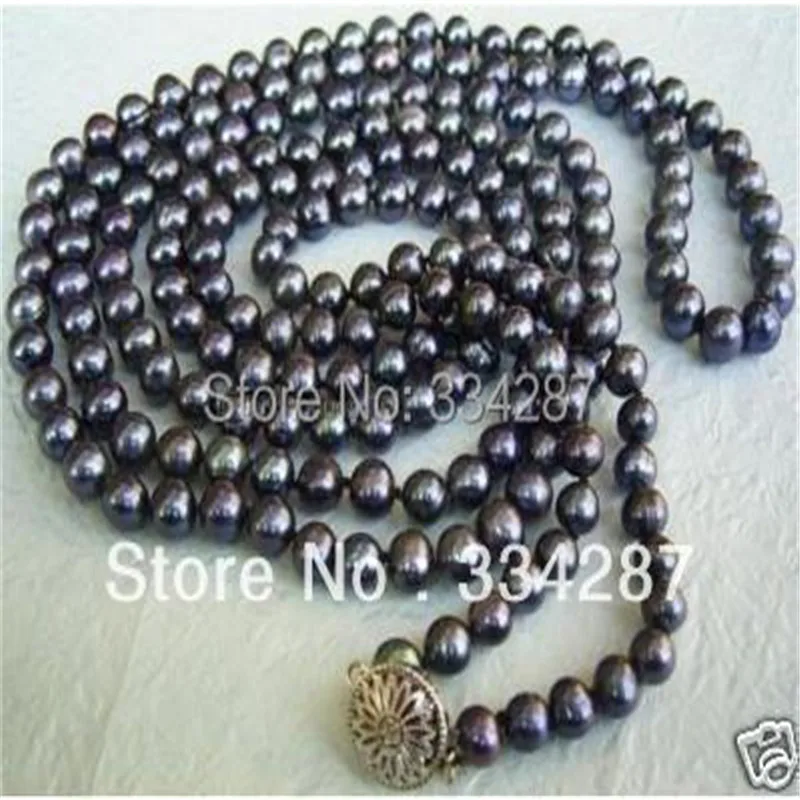 

New Fashion Natural Exquisite 7-8mm FW Black Pearl Necklace 50"