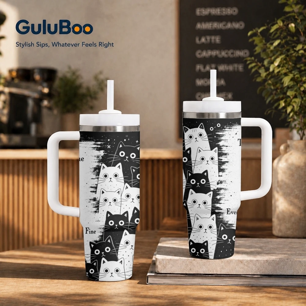 Everything Is Fine Cats Vacuum Flasks 40oz Stainless Steel Insulated Tumbler With Handle & Straw Leakproof Travel Mug