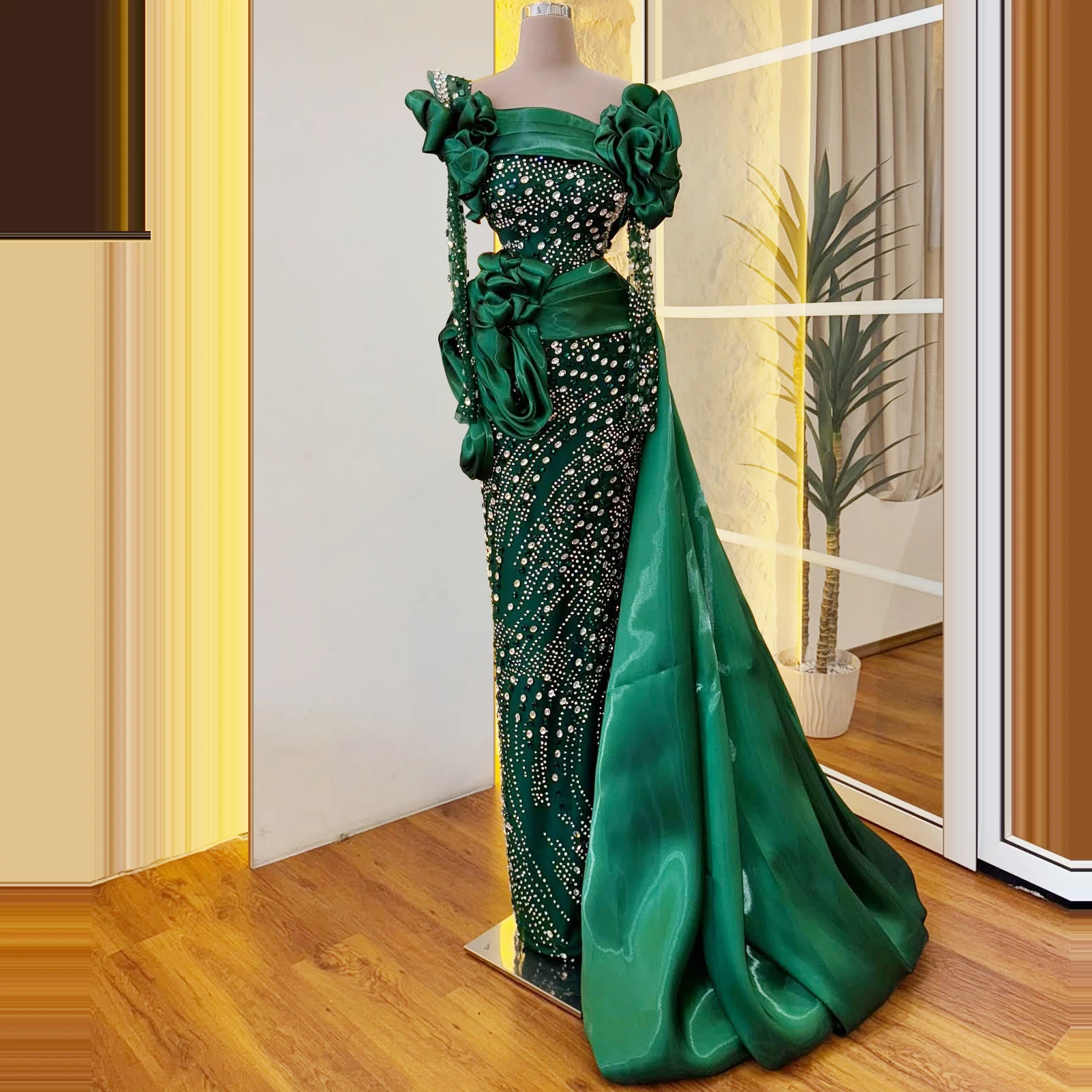 

Элегантное вечернее платье с кристаллами, кружевные рукава с кристаллами и шлейфом, вечернее платье, темно-зеленое платье, официальная вечеринка, банкет, настраиваемая