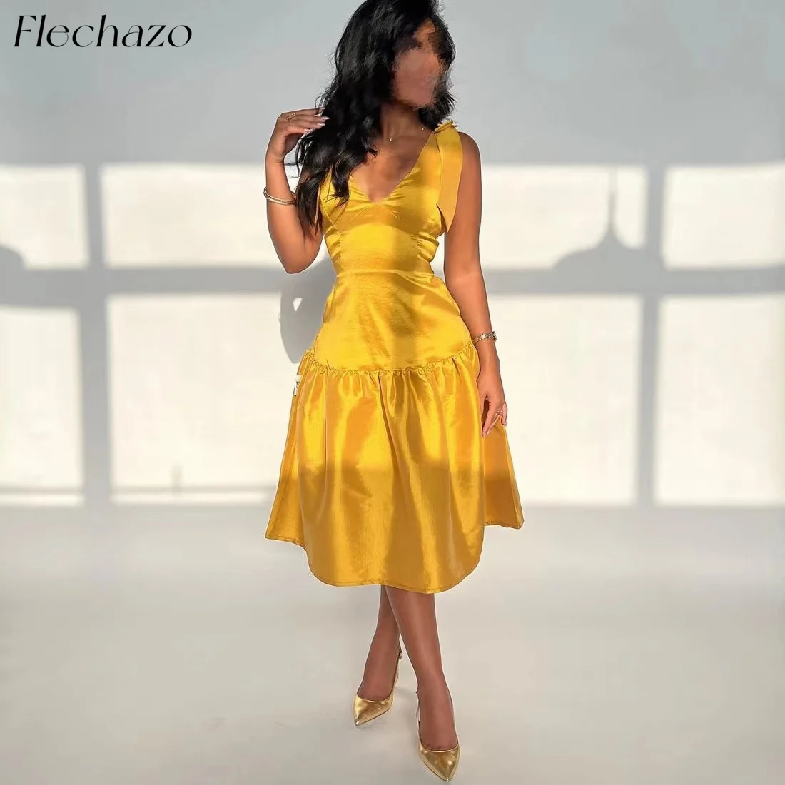 Flechazo Golden Summer Evening Dresses V Neck Sleeveless Knee-Length Simple Party Daily Dress For Women 2024 فساتين السهرة