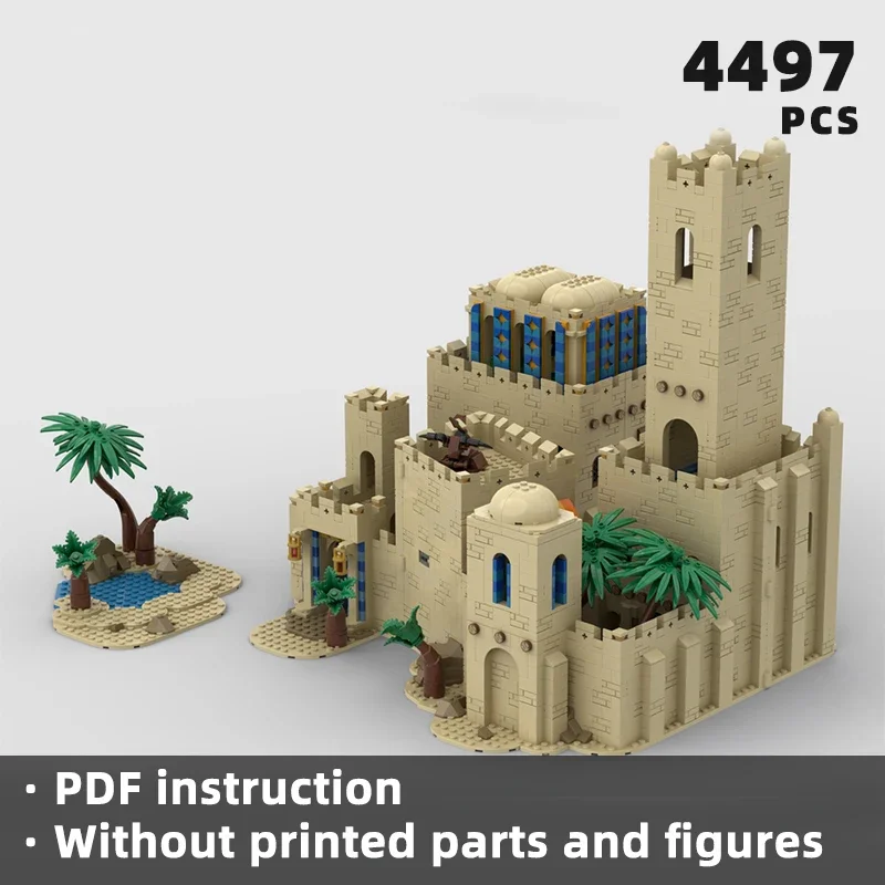 Bloques fuertes de oasis majestuosa, bloques de castillo antiguo, edificio de hotel del desierto medieval, exhibición única, klocki diorama moc