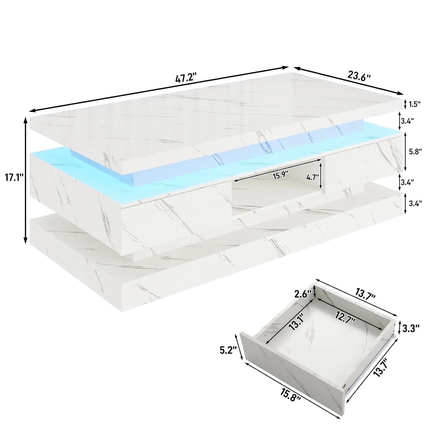 Nowoczesny stolik kawowy LED o wysokiej połysko, 120 cm (47,2 cala), z 2 wysuwanymi szufladami, dwuwarstwowe stoliki centralne z oświetleniem LED, możliwość personalizacji.